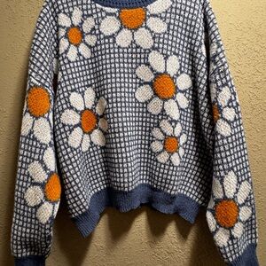 SHEIN Blue and Orange Floral Knit Sweater